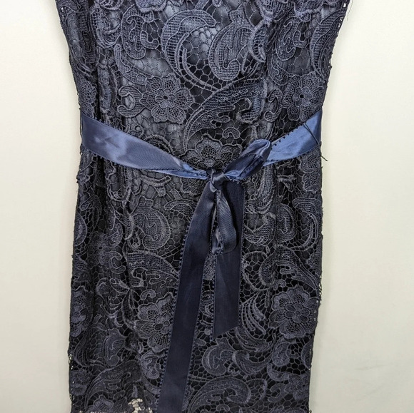 ADRIANNA PAPELL Illusion Cap Sleeve Floral Lace Satan Belt Tie Waist Dress sz.6 - Picture 7 of 15